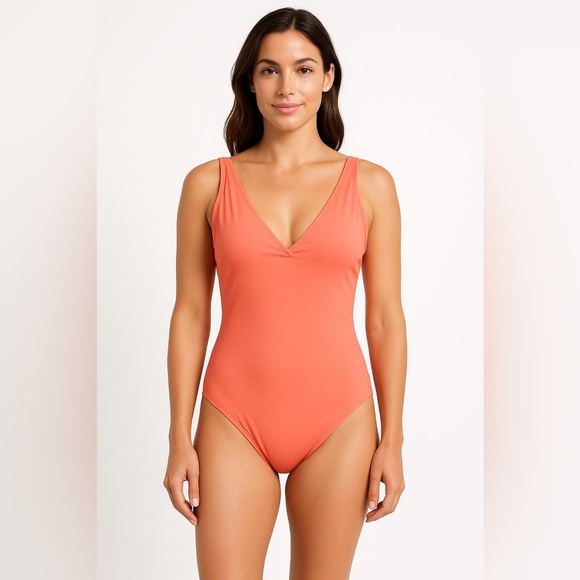 Kona Sol Women’s Orange One Piece Swimsuit L Adjustable Straps VNeck Summer Swim - Picture 1 of 11